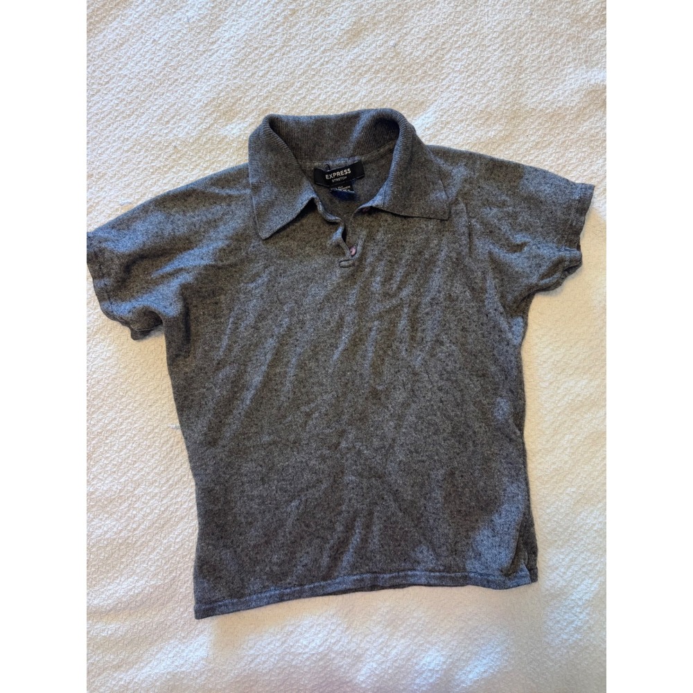 Express Silk Cashmere Blend Short Sleeve Polo Sweater Gray Medium